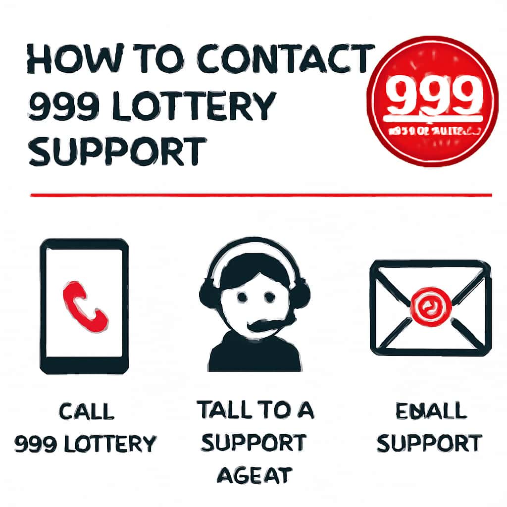 An educational diagram summarizing contact methods for 999 Lottery Support.